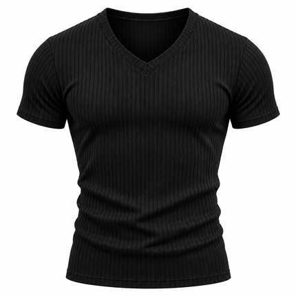 Ribbestrikket T-skjorte for menn med V-hals og slim fit