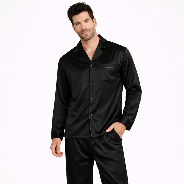Svart Sateng Pysjsett for Menn – To-delt Langermet Skjorte og Bukse | Elegant og Behagelig Loungewear til Natt og Hjemmebruk