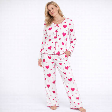 Dame Pysjsett med Hjertemønster – Langermet Topp og Bukse | Mykt og Varmt To-delt Nattøy til Høst og Vinter