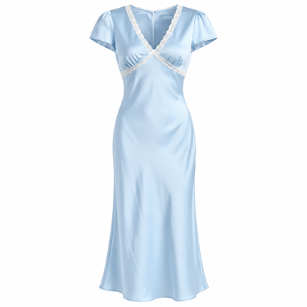 Elegant Sateng Midikjole med Blonde for Dame – V-hals Sommerkjole