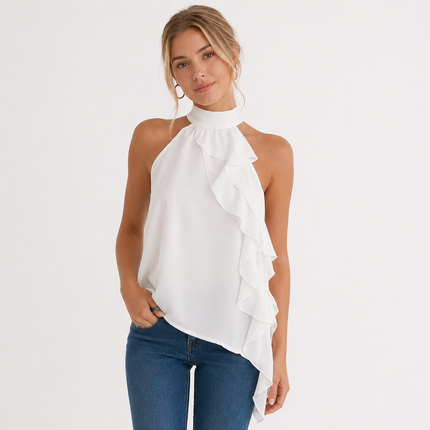 Halter Off-Shoulder Topp til Dame – Hvit Sommertopp med Volanger