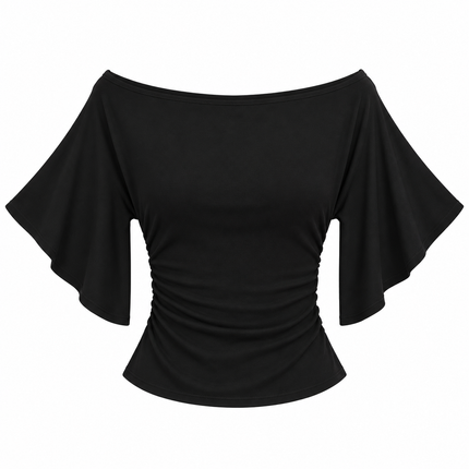 Off-shoulder topp med flaggermusermer og markert midje