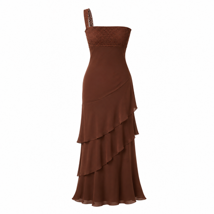One-Shoulder Maxikjole i Chiffon – Elegant Kjole med Volanger for Dame