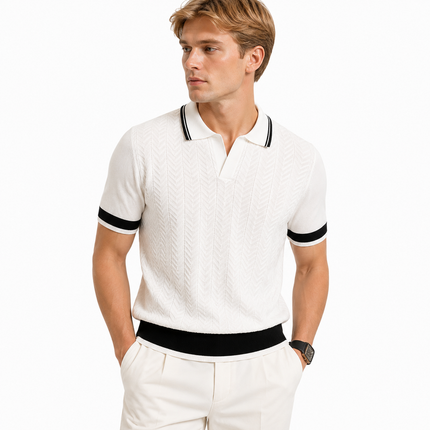 Strikket Polo for Herre med Struktur – Kortermet Business Casual i Color Block