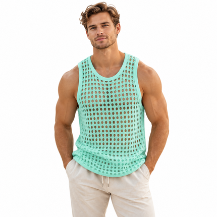 Ermeløs mesh-tanktop for menn med gjennombrutt design – S–2XL