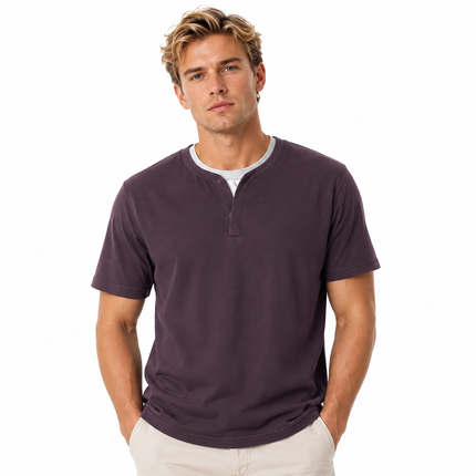260G Heavyweight T-skjorte for Herre – Todelt Look med Henley-detalj og Droppede Skuldre
