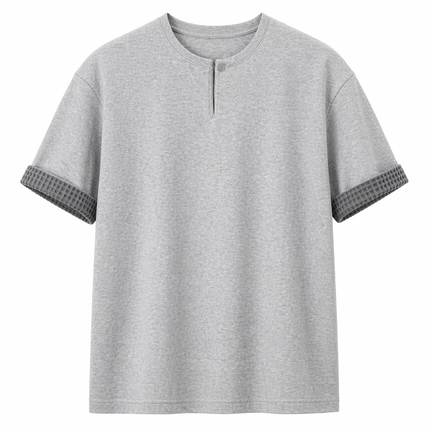 Kraftig Henley T-skjorte til Herre – 260g med Rutete Detaljer & Løs Passform