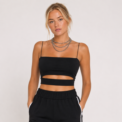 Crop Topp til Dame – Ermeløs Topp med Cut-out Detaljer