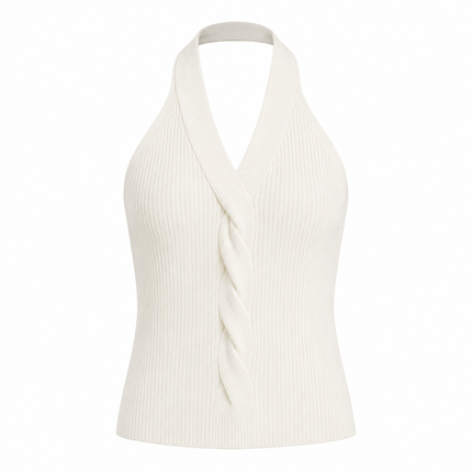 Hvit Strikket Halter Topp til Dame – Elegant V-hals Slim Fit Sommertopp