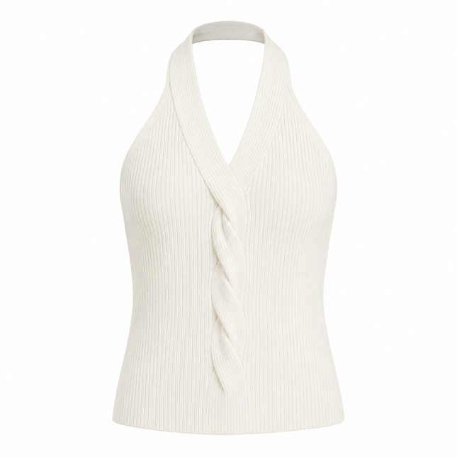 Hvit Strikket Halter Topp til Dame – Elegant V-hals Slim Fit Sommertopp