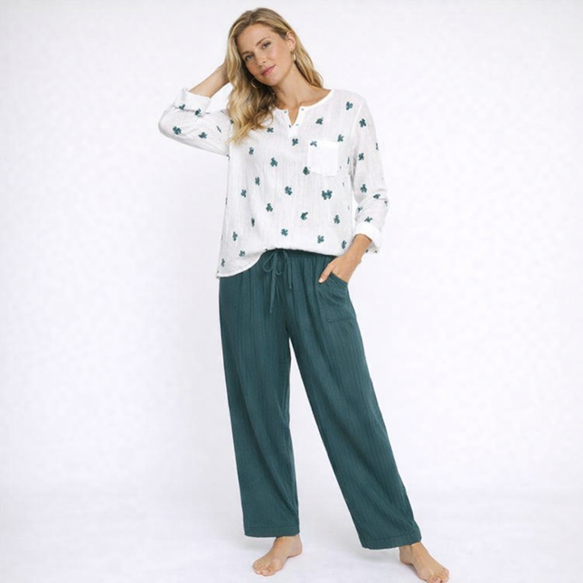 Japansk Pysjsett for Kvinner – 100 % Bomull i Kreppet Stoff | Langermet og Pustende Nattøy med Kaktusmotiv til Vår og Høst