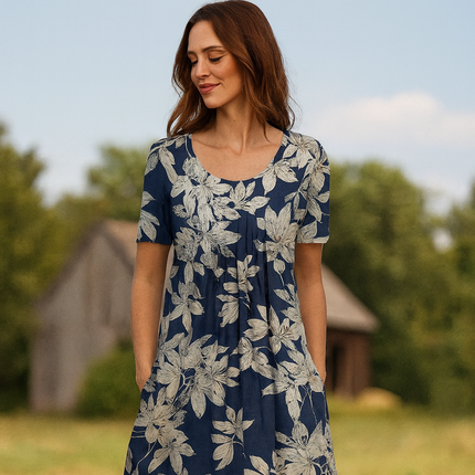 Sommerkjole med Rund Hals – Ledig Bomullsmodell med Trykk og Knelengde