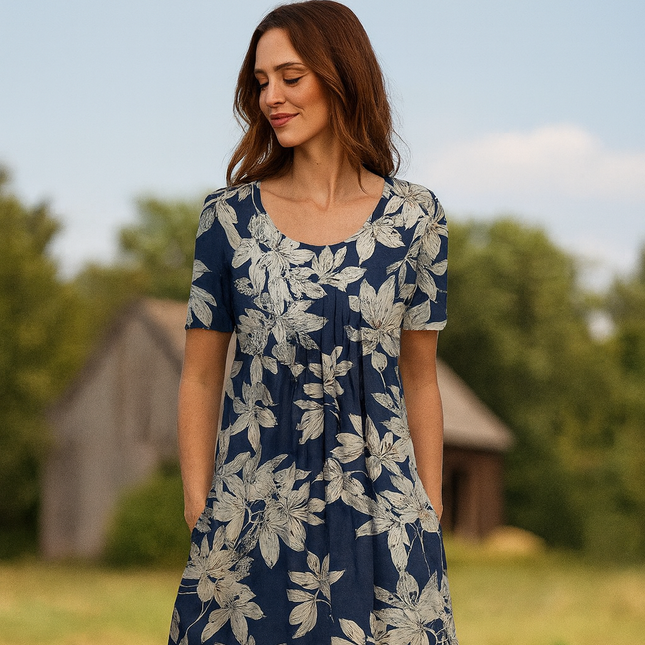 Sommerkjole med Rund Hals – Ledig Bomullsmodell med Trykk og Knelengde