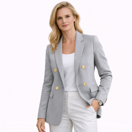 Elegant Dameblazer med Metallspenne – Hvit Dressjakke i Eksklusiv Stil | Klassisk og Moderne Jakke til Vår og Høst (2025)