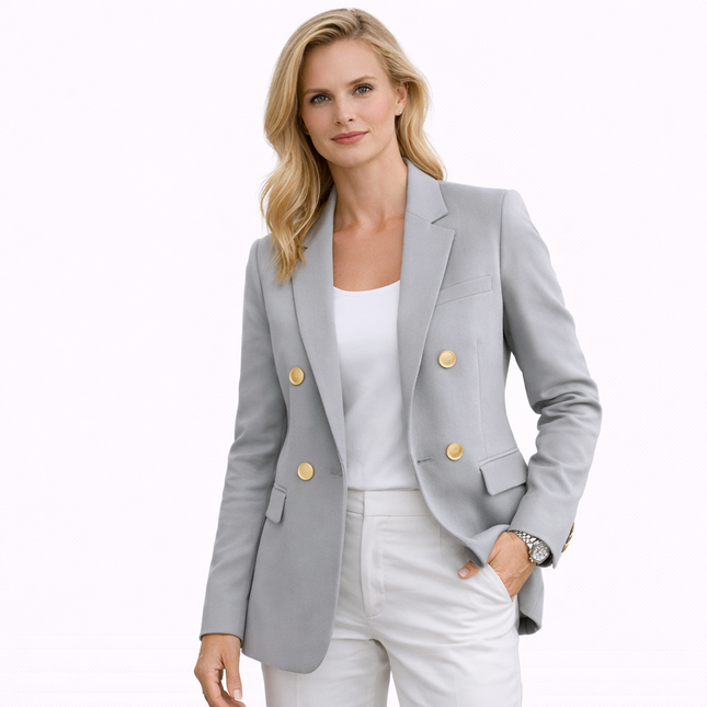 Elegant Dameblazer med Metallspenne – Hvit Dressjakke i Eksklusiv Stil | Klassisk og Moderne Jakke til Vår og Høst (2025)