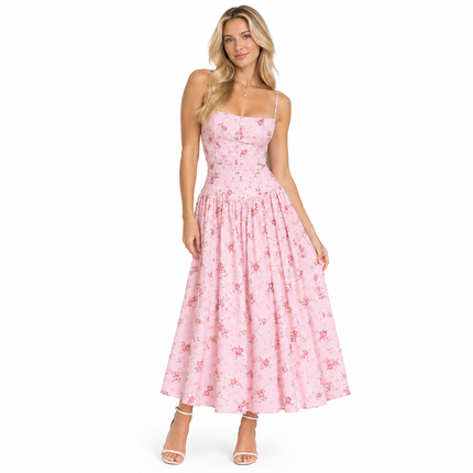 Blomstret Maxikjole med Korsettinspirert Liv for Dame – A-Line Sommerkjole