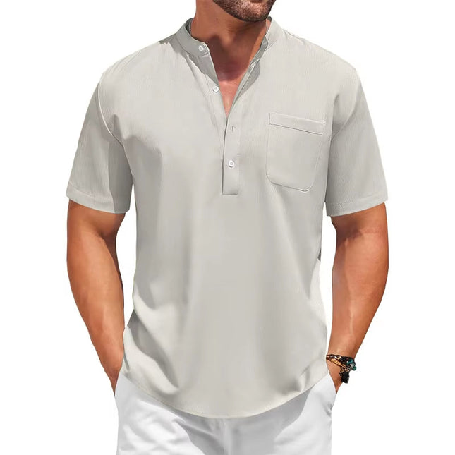 Sommerlig Herreskjorte med Kort Erm – Avslappet Henley Stil i Bomull med Lommer
