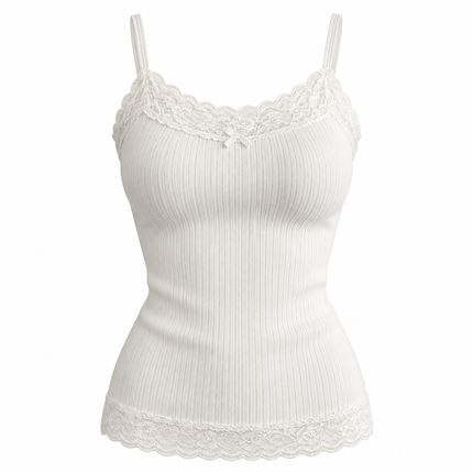 Hvit ribbestrikket camisole med V-hals og blondedetaljer