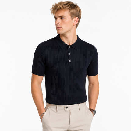 Strikket Slim Fit Polo for Herre med Striper – Kortermet Business Casual