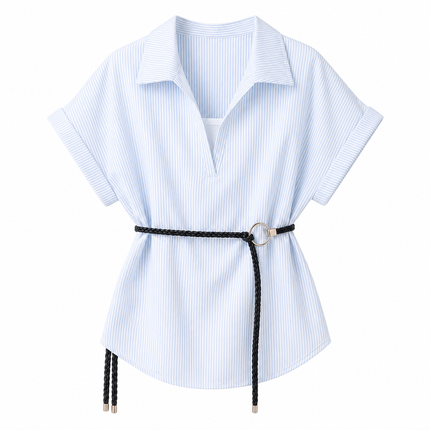 Stripet Polo Topp til Dame – V-hals & Belte i Fransk Minimalistisk Stil