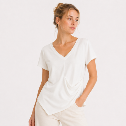 Figursydd Topp til Dame – V-Hals med Drapert Midje og Asymmetrisk Design