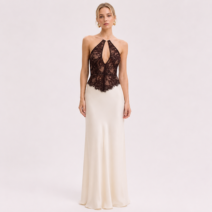 Elegant Maxikjole til Dame | Satengkjole med Halterneck og Blondedetaljer