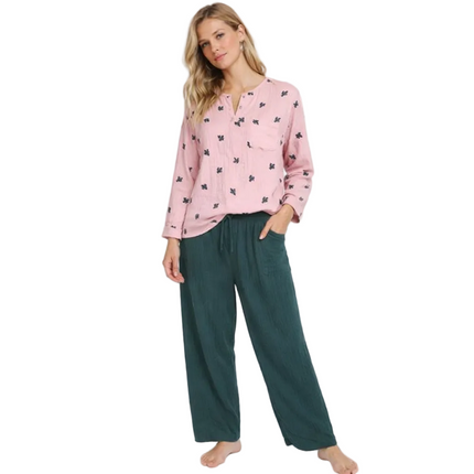 Japansk Pysjsett for Kvinner – 100 % Bomull i Kreppet Stoff | Langermet og Pustende Nattøy med Kaktusmotiv til Vår og Høst