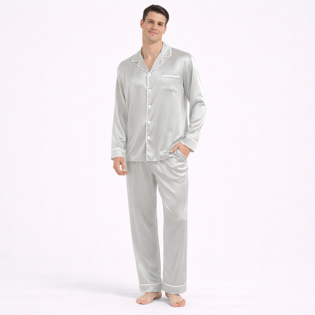 Eksklusivt Pysjsett for Menn i 100 % Ekte Silke – 25 Momme Sateng | Langermet Luksus Nattøy og Loungewear til Sommer og Høst