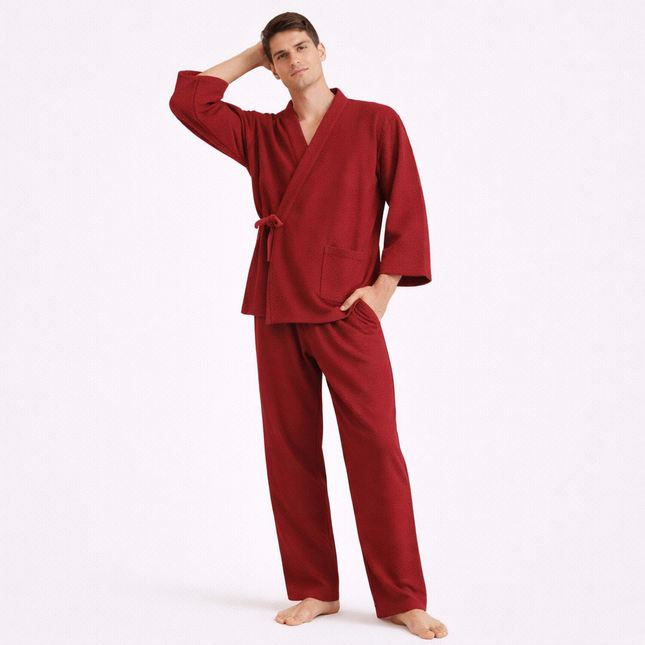 Japansk Pysjsett for Menn – 100 % Bomull i Tykt Luftlagstoff | Varmt Kimono-inspirert To-delt Nattøy til Høst og Vinter