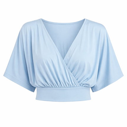 Crop Topp med Dyp V-hals – Kryssdetaljer & Batwing-ermer