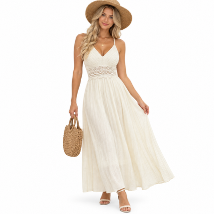 Elegant Maxikjole med Blonde for Dame – Camisole-Kjole med Åpen Rygg