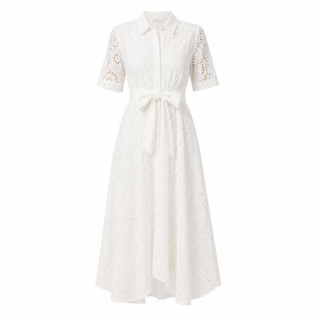 Elegant Brodert Maxikjole til Dame | Kortermet Kjole med Krage og Belte