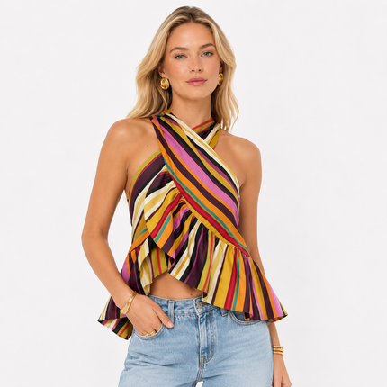 Stripet Halter Crop Topp til Dame – Ryggløs Topp med Volangkant