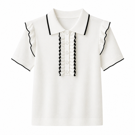 Fransk-inspirert Polo Topp til Dame – Colorblock & Rysjedetaljer
