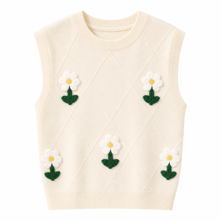 Ermeløs Topp til Dame – 3D Blomsterbroderi & Retro Stil