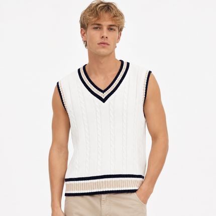 Strikket Vest til Herre – V-hals Genservest i Retro Preppy-stil