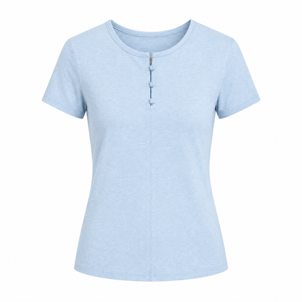 Ribbestrikket T-skjorte til Dame – Sommertopp med Cut-Out og Perleknapper