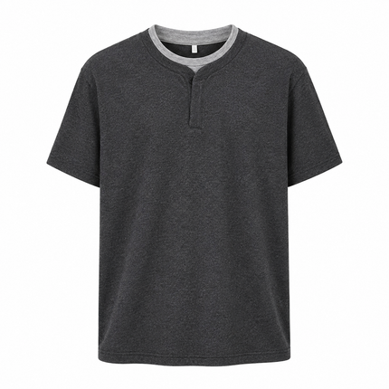 260G Heavyweight T-skjorte for Herre – Todelt Look med Henley-detalj og Droppede Skuldre