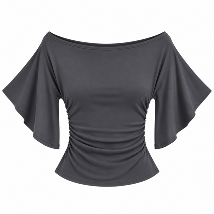 Off-shoulder topp med flaggermusermer og markert midje