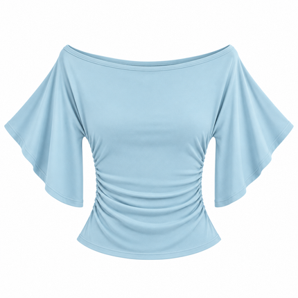 Off-shoulder topp med flaggermusermer og markert midje