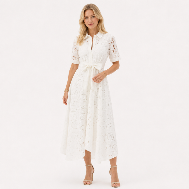 Elegant Brodert Maxikjole til Dame | Kortermet Kjole med Krage og Belte
