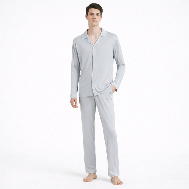 Luksus Silke Pysjsett for Menn – 25 % Silke, Strikket og Mykt Stoff | Komfortabelt Langermet Loungewear i Store Størrelser