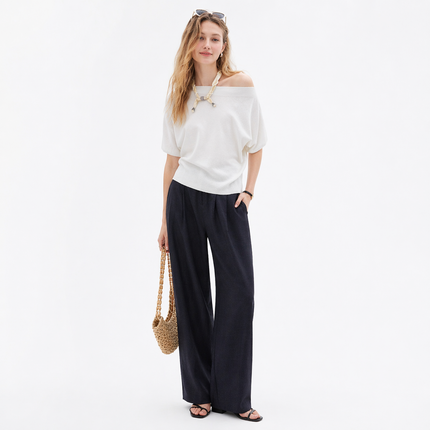 Off-Shoulder Topp til Dame – Blå Strikket & Løs Sommerstil