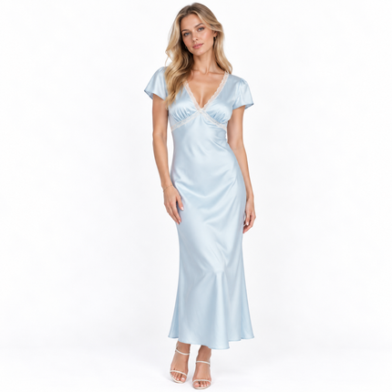Elegant Sateng Midikjole med Blonde for Dame – V-hals Sommerkjole