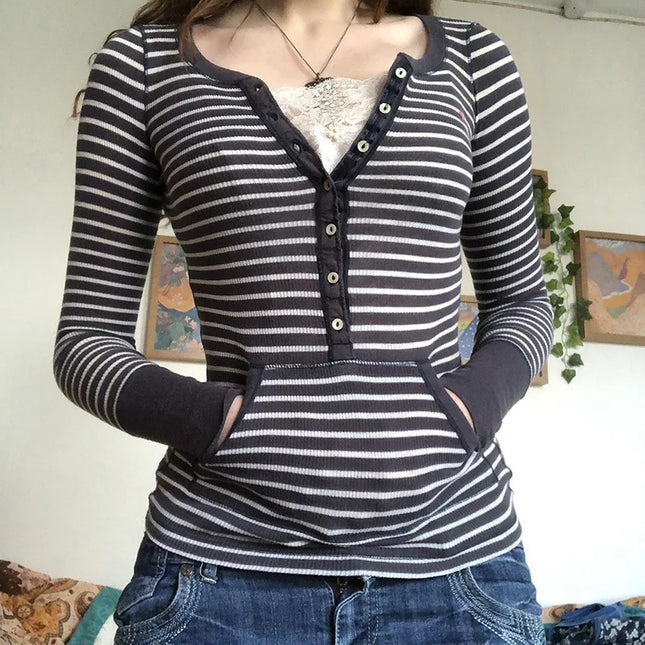 Vintage Blondetopp for Dame – Bomull, Patchwork & Knapper | Retro Y2K & Koreansk Inspirert Stil