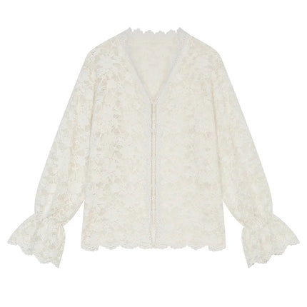 Hvit Blondeskjorte i Chiffon – Elegant Lag-på-Lag Bluse for Dame | Vinternyhet 2024