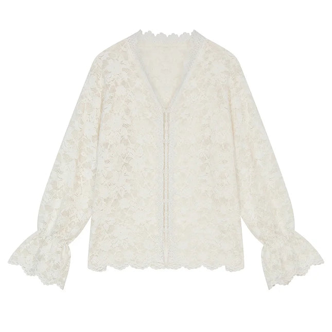 Hvit Blondeskjorte i Chiffon – Elegant Lag-på-Lag Bluse for Dame | Vinternyhet 2024