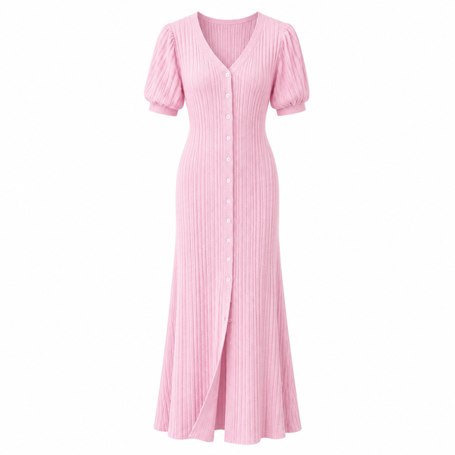 Strikket Maxikjole med Cardigan-look – Elegant Lang Kjole for Dame