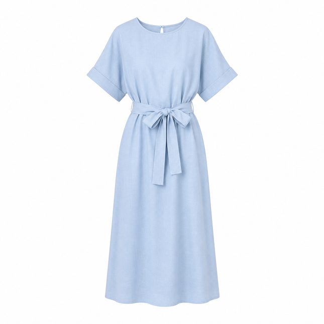 Kjole i 100 % Lin med Rund Hals – Minimalistisk Sommerkjole for Dame