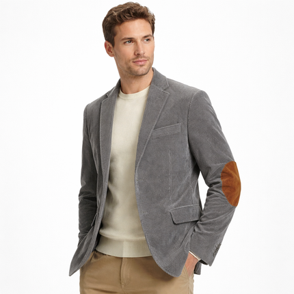 Retro kordfløyelsblazer til herre – grå slim fit jakke med patchwork (vår/høst)